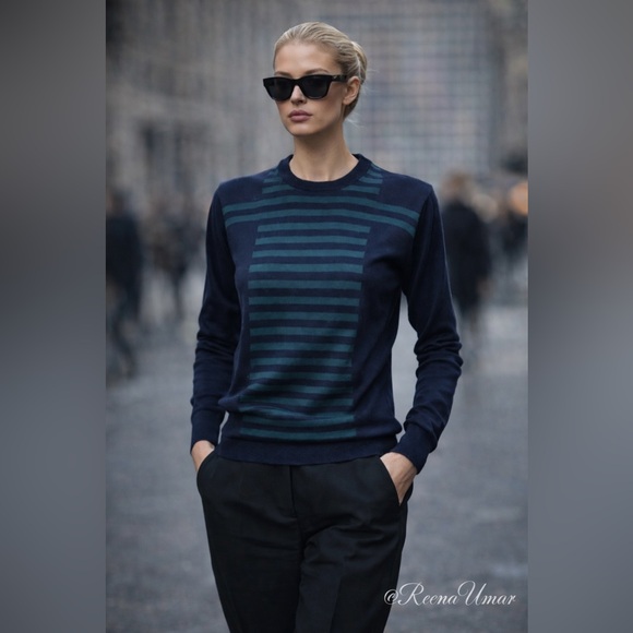 Valentino Sweaters - Valentino Navy Crewneck Sweater with Teal Stripes – No Size Tag (Fits XS–S)